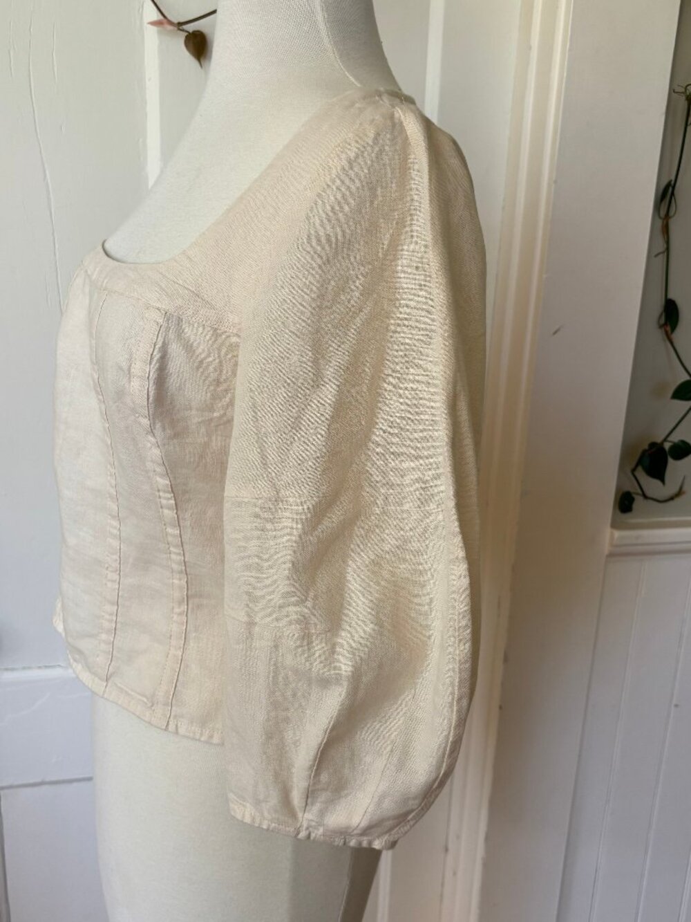 White Creme Banana Republic Linen-Blend Seamed Top Square Neck Smocked Balloon - Picture 6 of 16